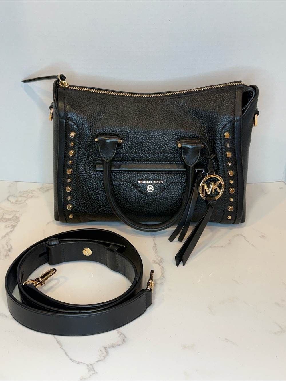 Michael Kors Black Pebbled Leather Satchel with Gold Accents